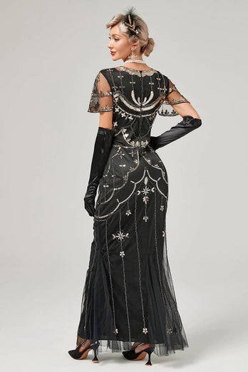 1920s Vestido Con Conjunto de Accesorios Negro