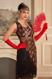 Vestido de lentejuelas con flecos burdeos brillante de la década de 1920 con conjunto de accesorios