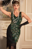 Vestido verde oscuro brillante con cuentas con flecos de la década de 1920 con conjunto de accesorios