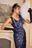 Vestido azul real brillante con flecos de cuentas de la década de 1920 con conjunto de accesorios