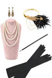 Vestido Gatsby de la década de 1920 con flecos y agujero de cerradura dorado negro con conjunto de accesorios de 5 piezas