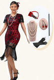 Vestido de lentejuelas con flecos rojo negro y rojo de la década de 1920 con conjunto de accesorios de 5 piezas