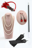 Vestido de lentejuelas con flecos y cuello redondo negro rojo de los años 20 con conjunto de accesorios de 5 piezas