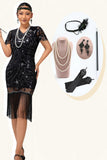 Vestido de lentejuelas negras con flecos de la década de 1920 con conjunto de accesorios de 5 piezas