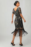 Vestido ajustado de lentejuelas doradas negras de la década de 1920 con conjunto de accesorios de 5 piezas