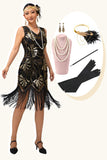 Vestido de solapa de lentejuelas con flecos negro de los años 20 con conjunto de accesorios de 5 piezas