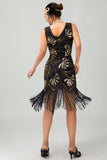 Vestido de solapa de lentejuelas con flecos negro de los años 20 con conjunto de accesorios de 5 piezas