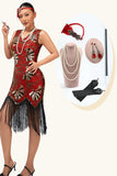 Vestido de lentejuelas rojas doradas con flecos de la década de 1920 con conjunto de accesorios de 5 piezas