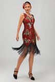 Vestido de lentejuelas rojas doradas con flecos de la década de 1920 con conjunto de accesorios de 5 piezas