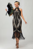 Vestido Gatsby de la década de 1920 con flecos y agujero de cerradura dorado negro con conjunto de accesorios de 5 piezas