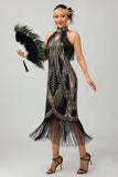 Vestido Gatsby de la década de 1920 con flecos y agujero de cerradura dorado negro con conjunto de accesorios de 5 piezas