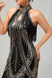 Vestido Gatsby de la década de 1920 con flecos y agujero de cerradura dorado negro con conjunto de accesorios de 5 piezas