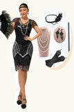 Vestido corto de lentejuelas con cuentas negras y plateadas de la década de 1920 con conjunto de accesorios de 5 piezas