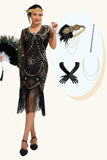 Vestido de lentejuelas con flecos y cuello redondo dorado negro de los años 20 con conjunto de accesorios de 4 piezas