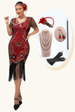 Vestido de lentejuelas con flecos y cuello redondo negro rojo de los años 20 con conjunto de accesorios de 5 piezas