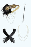 Conjunto de vestido negro dorado con flecos de la década de 1920 con accesorios