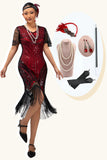 Conjunto de vestido negro rojo con lentejuelas con flecos de la década de 1920 con accesorios