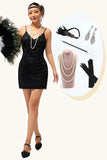 Vestido negro con tirantes finos y lentejuelas de la década de 1920 con conjunto de accesorios