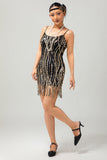 Vestido negro con flecos dorados y lentejuelas de la década de 1920 con conjunto de accesorios de 5 piezas
