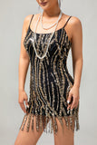 Vestido negro con flecos dorados y lentejuelas de la década de 1920 con conjunto de accesorios de 5 piezas