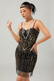 Vestido ajustado de lentejuelas doradas negras de la década de 1920 con conjunto de accesorios de 5 piezas