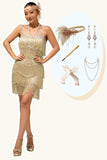 Vestido de flecos champán brillante de la década de 1920 con conjunto de accesorios de 5 piezas