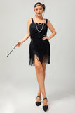 Vestido ajustado negro brillante con flecos de la década de 1920 con conjunto de accesorios de 5 piezas