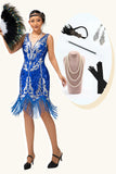 Vestido de lentejuelas azul real brillante con flecos de la década de 1920 con conjunto de accesorios de 5 piezas
