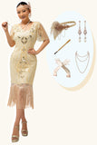 Vestido de flecos con apliques de champán de la década de 1920 y conjunto de accesorios de 5 piezas