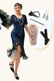 Vestido de lentejuelas azules negras con flecos y cuello redondo de la década de 1920 con conjunto de accesorios de 5 piezas