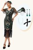 Vestido de lentejuelas verde oscuro con flecos de la década de 1920 con conjunto de accesorios de 4 piezas