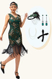 Vestido de flecos de cuentas doradas verdes de la década de 1920 con conjunto de accesorios de 4 piezas