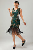 Vestido de flecos de cuentas doradas verdes de la década de 1920 con conjunto de accesorios de 4 piezas