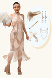 Vestido halter de lentejuelas champán de la década de 1920 con conjunto de accesorios de 5 piezas