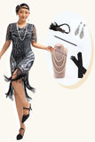 Vestido de flecos con cuello en V de lentejuelas plateadas negras de la década de 1920 con conjunto de accesorios de 5 piezas