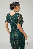 Vestido de lentejuelas bodycon con flecos verde oscuro de la década de 1920 con conjunto de accesorios de 5 piezas