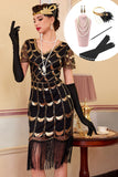 Vestido bodycon midi de los años 20, vestido de lentejuelas negro dorado con flecos y brillante con 5 piezas de accesorios
