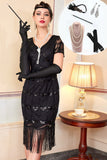Vestido negro bodycon escote en V con flecos y flecos de los años 20 y conjunto de accesorios de 5 piezas