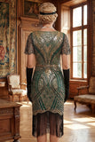 Vestido bodycon midi de los años 20 con escote en V verde dorado y flecos con lentejuelas y accesorios de 4 piezas