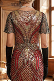 Vestido bodycon midi de los años 20 con un jersey de 5 piezas con lentejuelas doradas y brillante de lentejuelas doradas con flecos