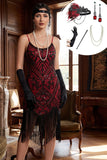 Vestido de los años 20 con lentejuelas negras rojas y tirantes finos, cuerpo ajustado con flecos y accesorios de 5 piezas