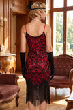 Vestido de los años 20 con lentejuelas negras rojas y tirantes finos, cuerpo ajustado con flecos y accesorios de 5 piezas
