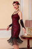 Vestido de los años 20 con lentejuelas negras rojas y tirantes finos, cuerpo ajustado con flecos y accesorios de 5 piezas
