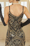 Conjunto de vestidos midi de los años 20 con filetes dorados negros y tirantes finos