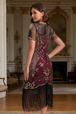 Vestido de bodycon color midi de los años 20 con flecos y flecos burdeos, cuello redondo burdeos y conjunto de accesorios de 5 piezas