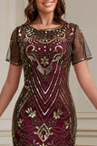 Vestido de bodycon color midi de los años 20 con flecos y flecos burdeos, cuello redondo burdeos y conjunto de accesorios de 5 piezas