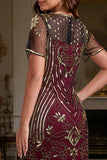 Vestido de bodycon color midi de los años 20 con flecos y flecos burdeos, cuello redondo burdeos y conjunto de accesorios de 5 piezas