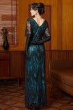 Vestido largo de lentejuelas de los años 20, conjunto de accesorios de 4 piezas, negro azul y brillante, funda azul.