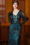 Vestido largo de lentejuelas de los años 20, conjunto de accesorios de 4 piezas, negro azul y brillante, funda azul.