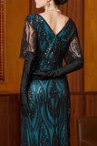 Vestido largo de lentejuelas de los años 20, conjunto de accesorios de 4 piezas, negro azul y brillante, funda azul.